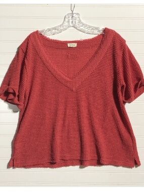 POL Textured Semi Cropped V Neck Short Sleeve Loose Knit Top Women's S